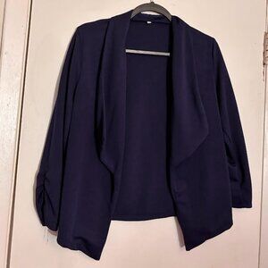 Navy Blue Open-Front Cropped Blazer with Ruched Sleeves – Size Large